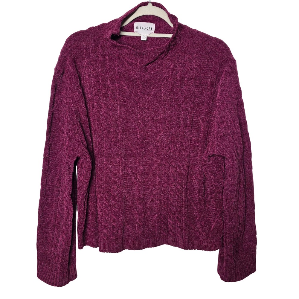 Olive + Oak Magenta Purple Cable Knit Chenille Mock Neck Sweater XL LF3S26312MB